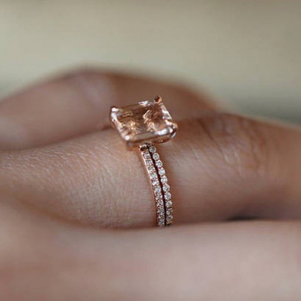 NEW 18K Rose Gold Diamond Morganite 2PC Ring Set - Picture 4 of 4